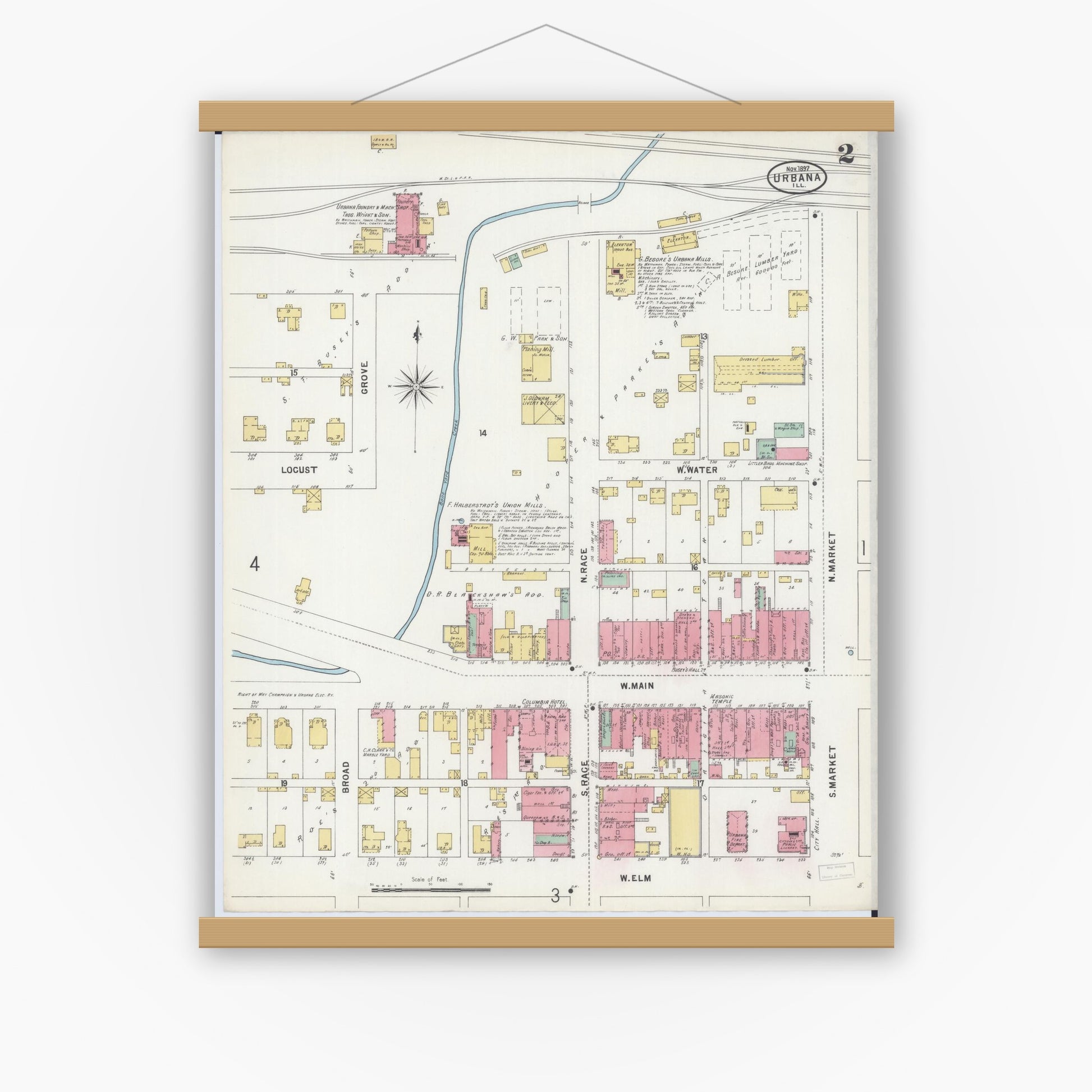 Old map wall art mockup — magnetic wood frame on white wall — Sanborn Fire Insurance Map from Urbana, Champaign County, Illinois (1897), Sheet #0002