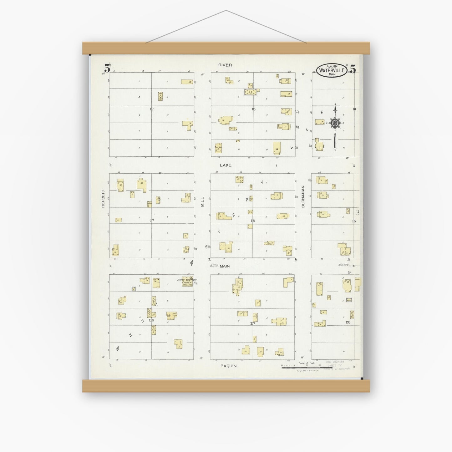 Old map wall art mockup — magnetic wood frame on white wall — Sanborn Fire Insurance Map from Waterville, Le Sueur County, Minnesota (1924), Sheet #0005