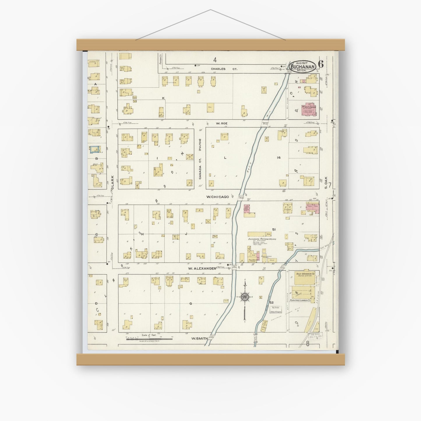 Old map wall art mockup — magnetic wood frame on white wall — Sanborn Fire Insurance Map from Buchanan, Berrien County, Michigan (1917), Sheet #0006