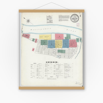 Old map wall art mockup — magnetic wood frame on white wall — Sanborn Fire Insurance Map from Charleroi, Washington County, Pennsylvania (1902), Sheet #0001