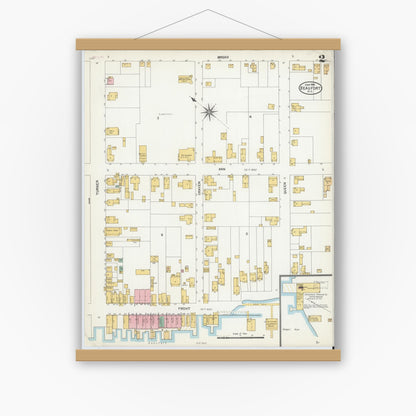 Old map wall art mockup — magnetic wood frame on white wall — Sanborn Fire Insurance Map from Beaufort, Carteret County, North Carolina (1904), Sheet #0002