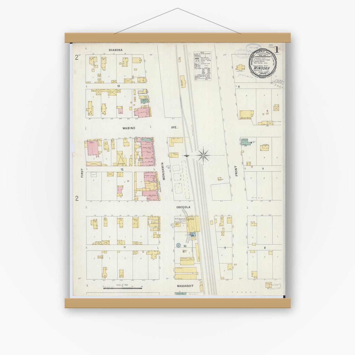 Old map wall art mockup — magnetic wood frame on white wall — Sanborn Fire Insurance Map from Minooka, Grundy County, Illinois (1898) - Complete Map Set