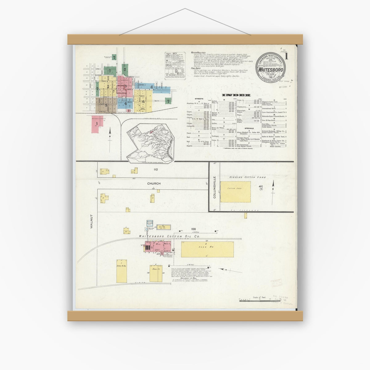 Old map wall art mockup — magnetic wood frame on white wall — Sanborn Fire Insurance Map from Whitesboro, Grayson County, Texas (1915), Sheet #0001