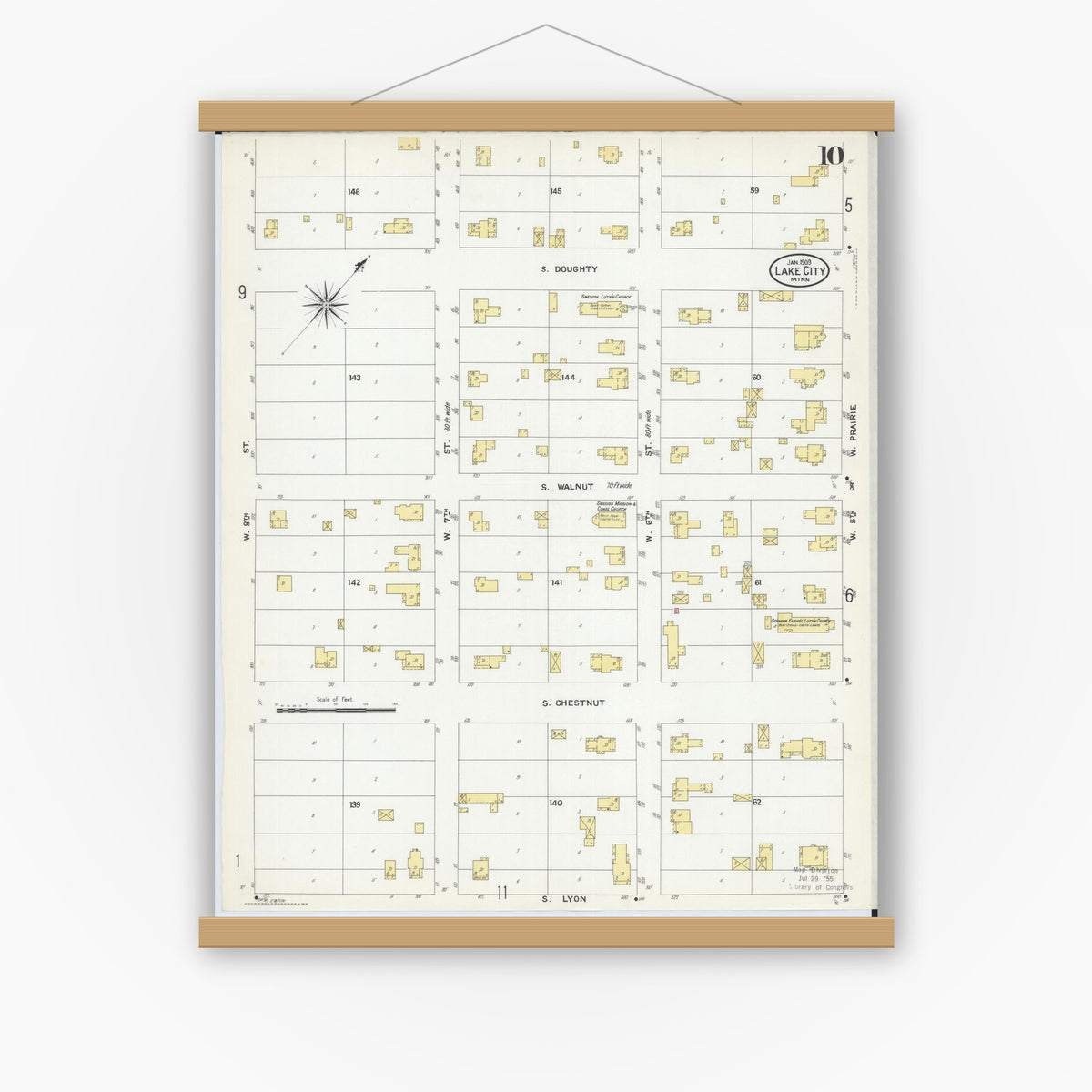 Old map wall art mockup — magnetic wood frame on white wall — Sanborn Fire Insurance Map from Lake City, Wabasha County, Minnesota (1909), Sheet #0010