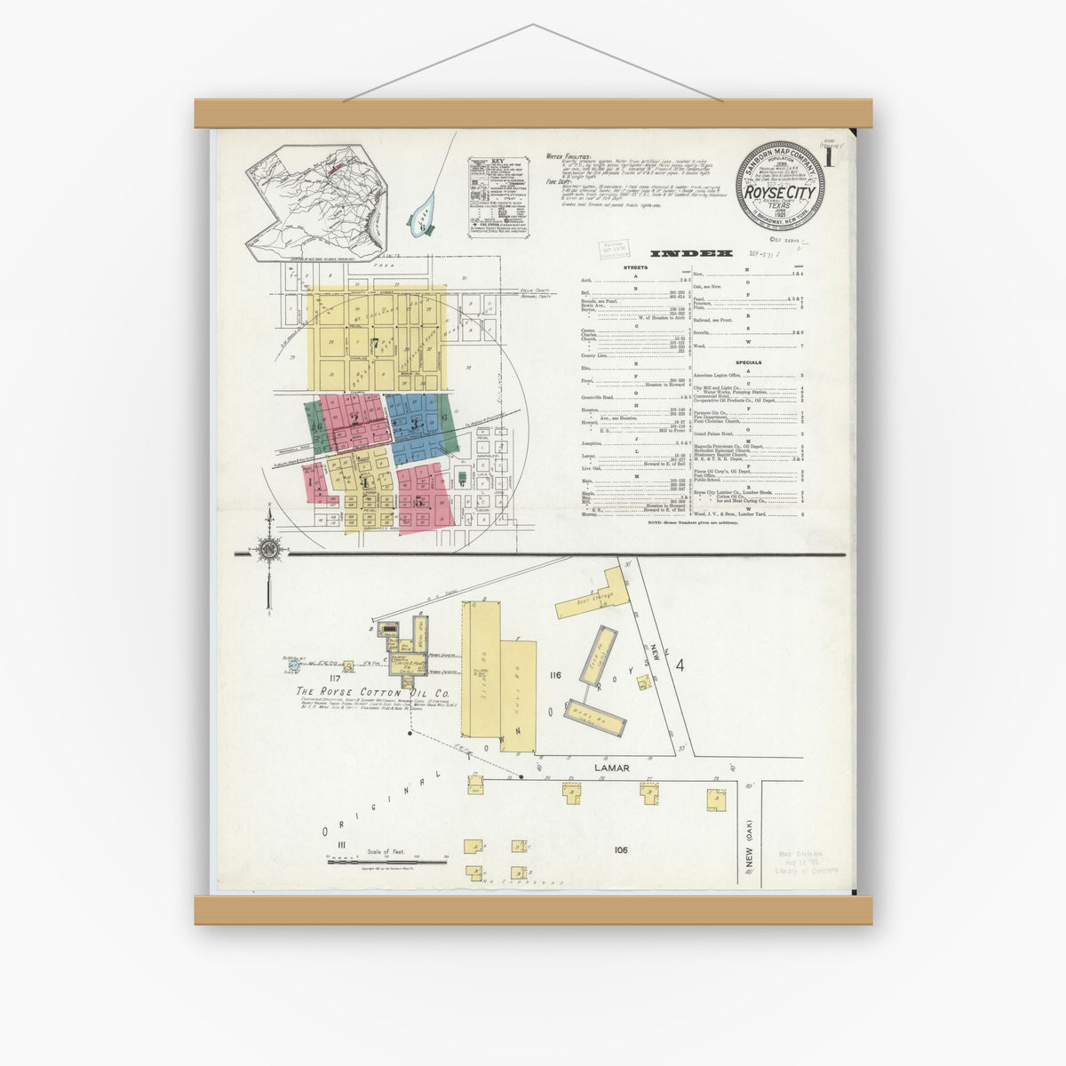 Old map wall art mockup — magnetic wood frame on white wall — Sanborn Fire Insurance Map from Royse City, Rockwell County, Texas (1921), Sheet #0001