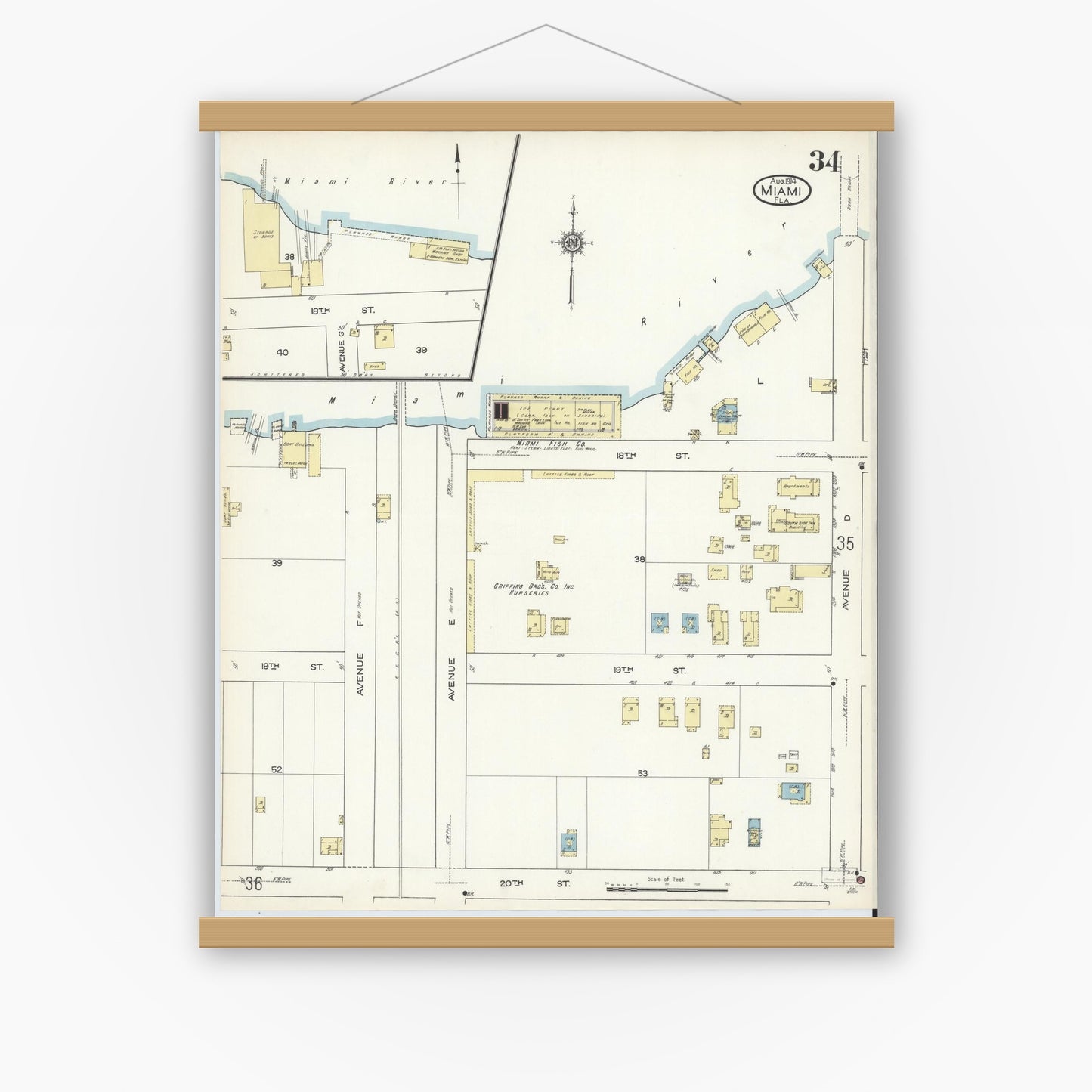 Old map wall art mockup — magnetic wood frame on white wall — Sanborn Fire Insurance Map from Miami, Dade County, Florida (1914), Sheet #0034