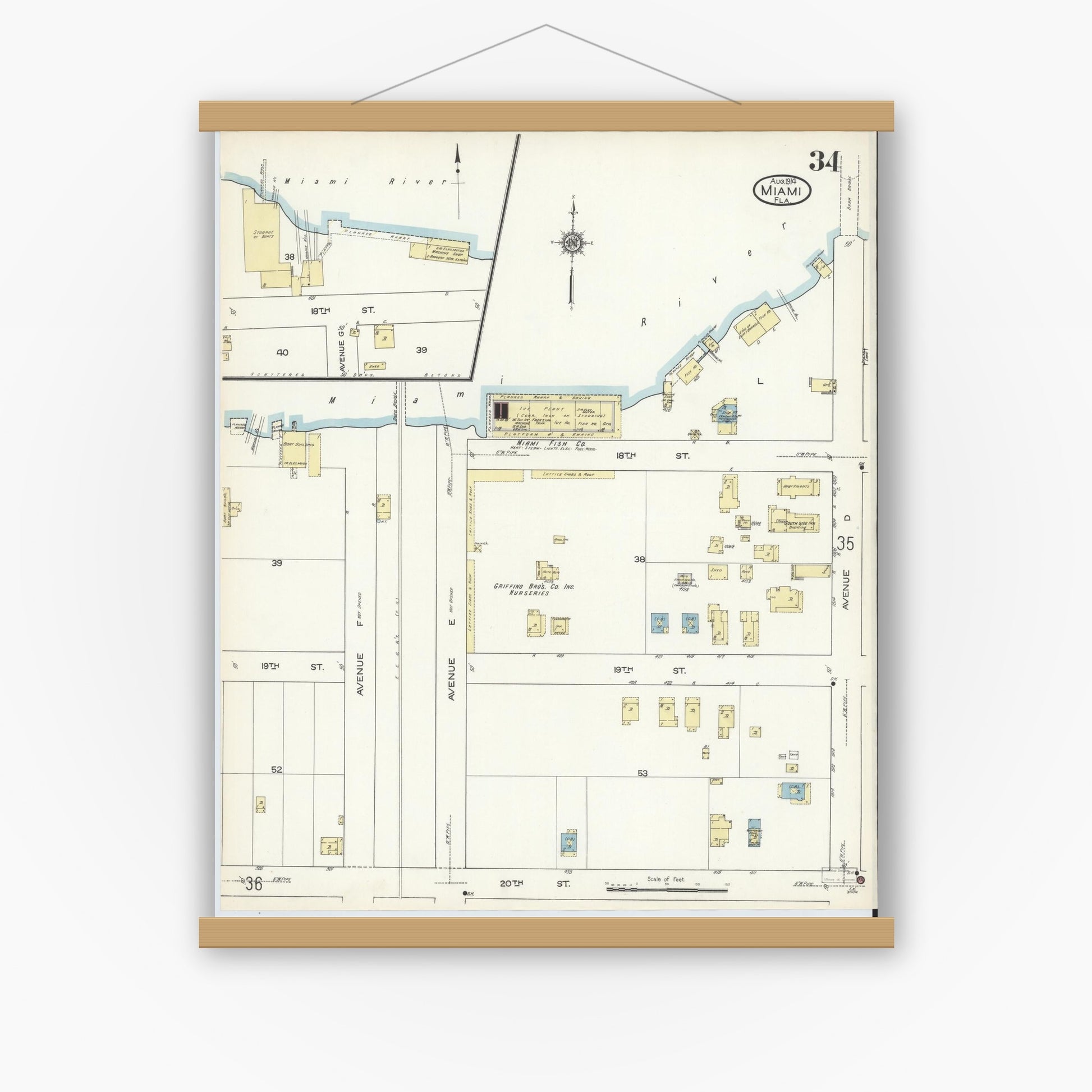 Old map wall art mockup — magnetic wood frame on white wall — Sanborn Fire Insurance Map from Miami, Dade County, Florida (1914), Sheet #0034
