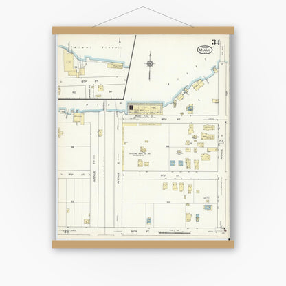 Old map wall art mockup — magnetic wood frame on white wall — Sanborn Fire Insurance Map from Miami, Dade County, Florida (1914), Sheet #0034