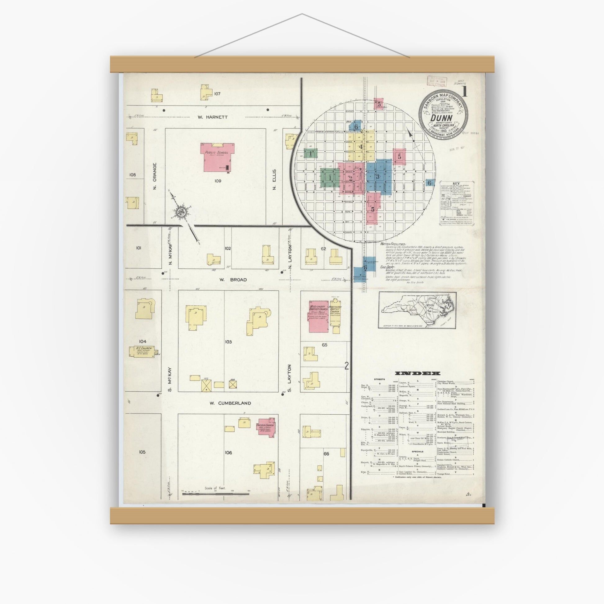Old map wall art mockup — magnetic wood frame on white wall — Sanborn Fire Insurance Map from Dunn, Harnett County, North Carolina (1913) - Complete Map Set