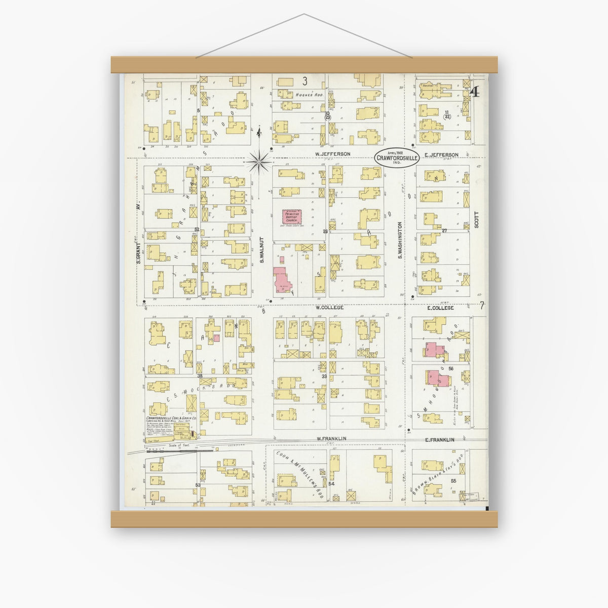 Old map wall art mockup — magnetic wood frame on white wall — Sanborn Fire Insurance Map from Crawfordsville, Montgomery County, Indiana (1902), Sheet #0004