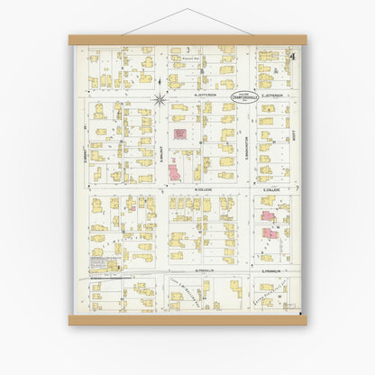 Old map wall art mockup — magnetic wood frame on white wall — Sanborn Fire Insurance Map from Crawfordsville, Montgomery County, Indiana (1902), Sheet #0004