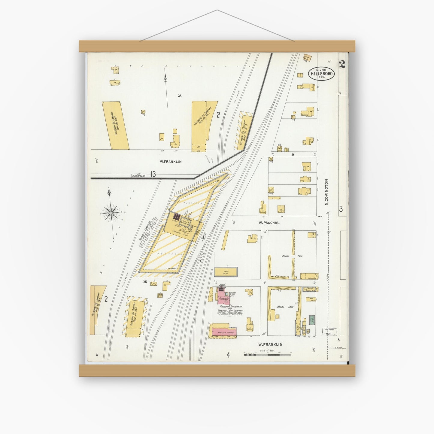 Old map wall art mockup — magnetic wood frame on white wall — Sanborn Fire Insurance Map from Hillsboro, Hill County, Texas (1900), Sheet #0002