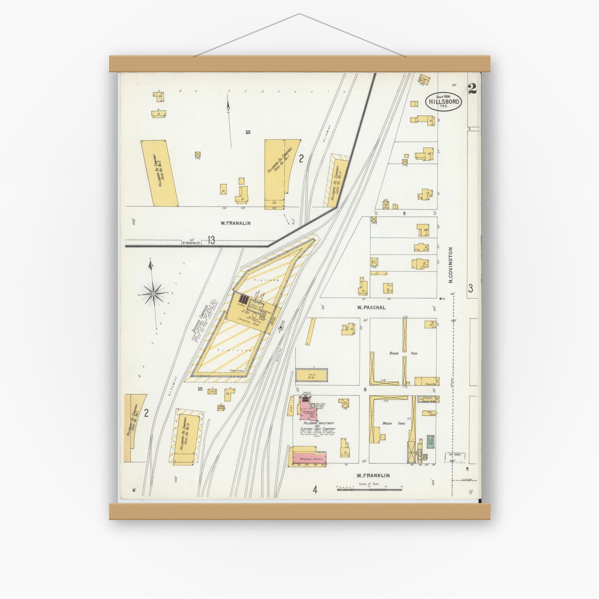 Old map wall art mockup — magnetic wood frame on white wall — Sanborn Fire Insurance Map from Hillsboro, Hill County, Texas (1900), Sheet #0002
