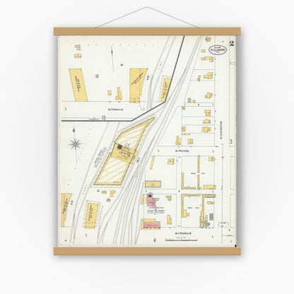 Old map wall art mockup — magnetic wood frame on white wall — Sanborn Fire Insurance Map from Hillsboro, Hill County, Texas (1900), Sheet #0002