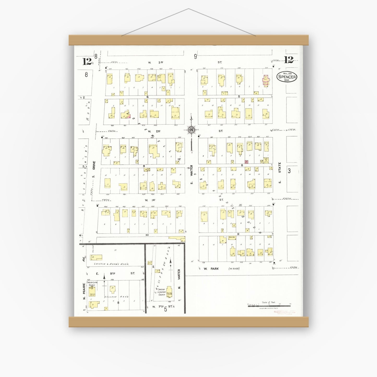 Old map wall art mockup — magnetic wood frame on white wall — Sanborn Fire Insurance Map from Spencer, Clay County, Iowa (1924), Sheet #0012