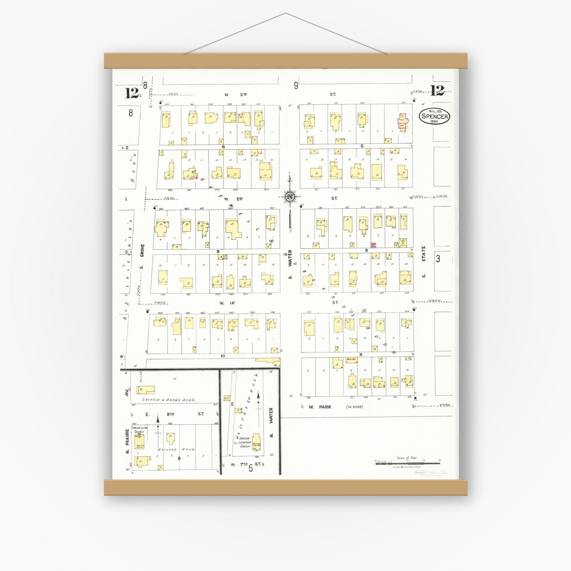 Old map wall art mockup — magnetic wood frame on white wall — Sanborn Fire Insurance Map from Spencer, Clay County, Iowa (1924), Sheet #0012