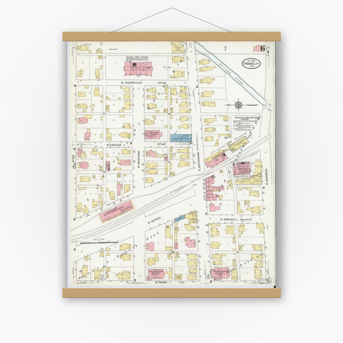 Old map wall art mockup — magnetic wood frame on white wall — Sanborn Fire Insurance Map from Franklin, Johnson County, Indiana (1910), Sheet #0006