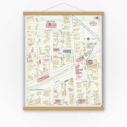Old map wall art mockup — magnetic wood frame on white wall — Sanborn Fire Insurance Map from Franklin, Johnson County, Indiana (1910), Sheet #0006