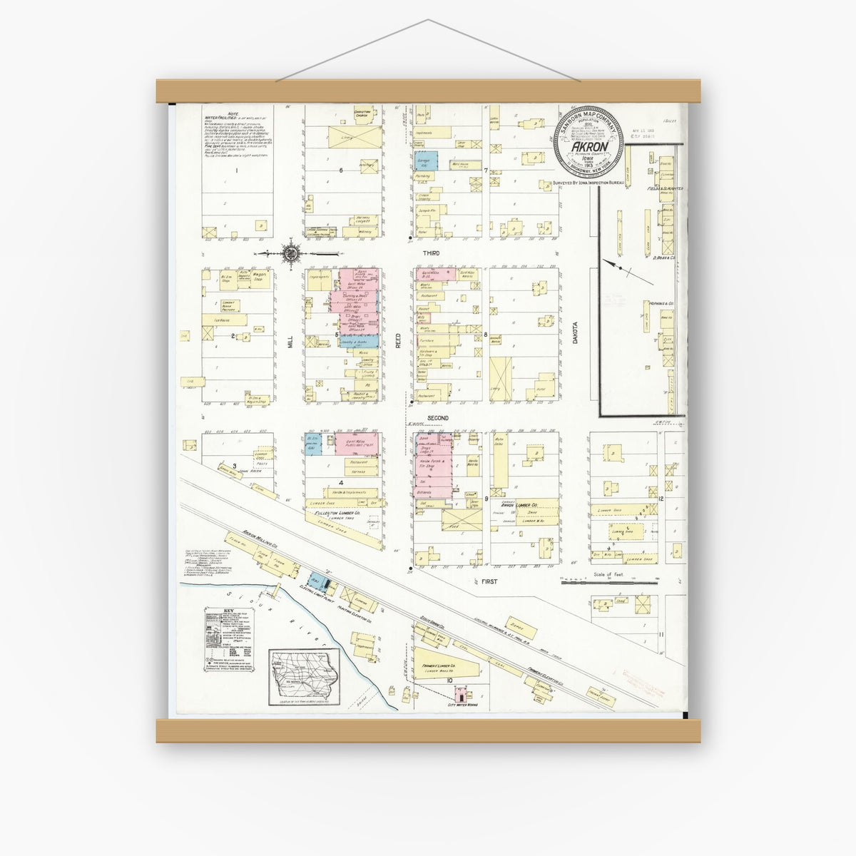Old map wall art mockup — magnetic wood frame on white wall — Sanborn Fire Insurance Map from Akron, Plymouth County, Iowa (1913), Sheet #0001