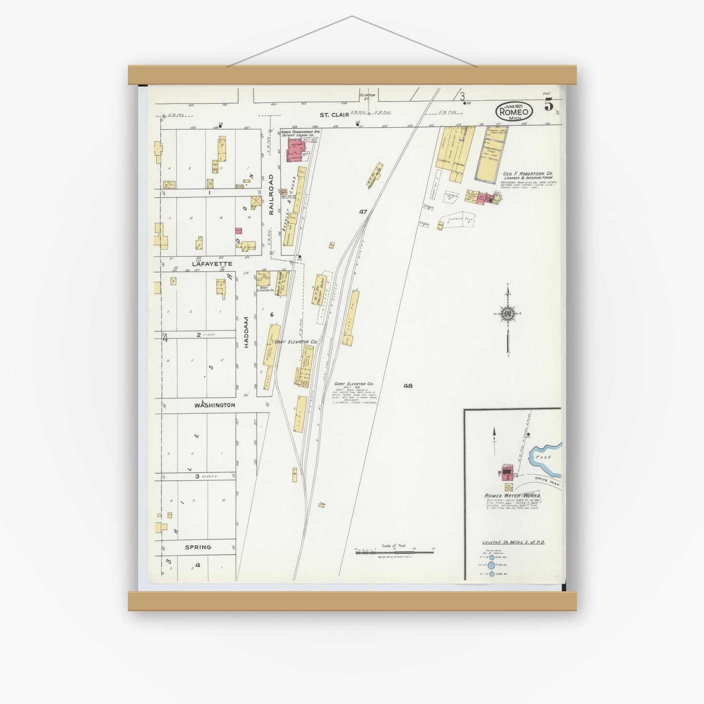 Old map wall art mockup — magnetic wood frame on white wall — Sanborn Fire Insurance Map from Romeo, Macomb County, Michigan (1921), Sheet #0005