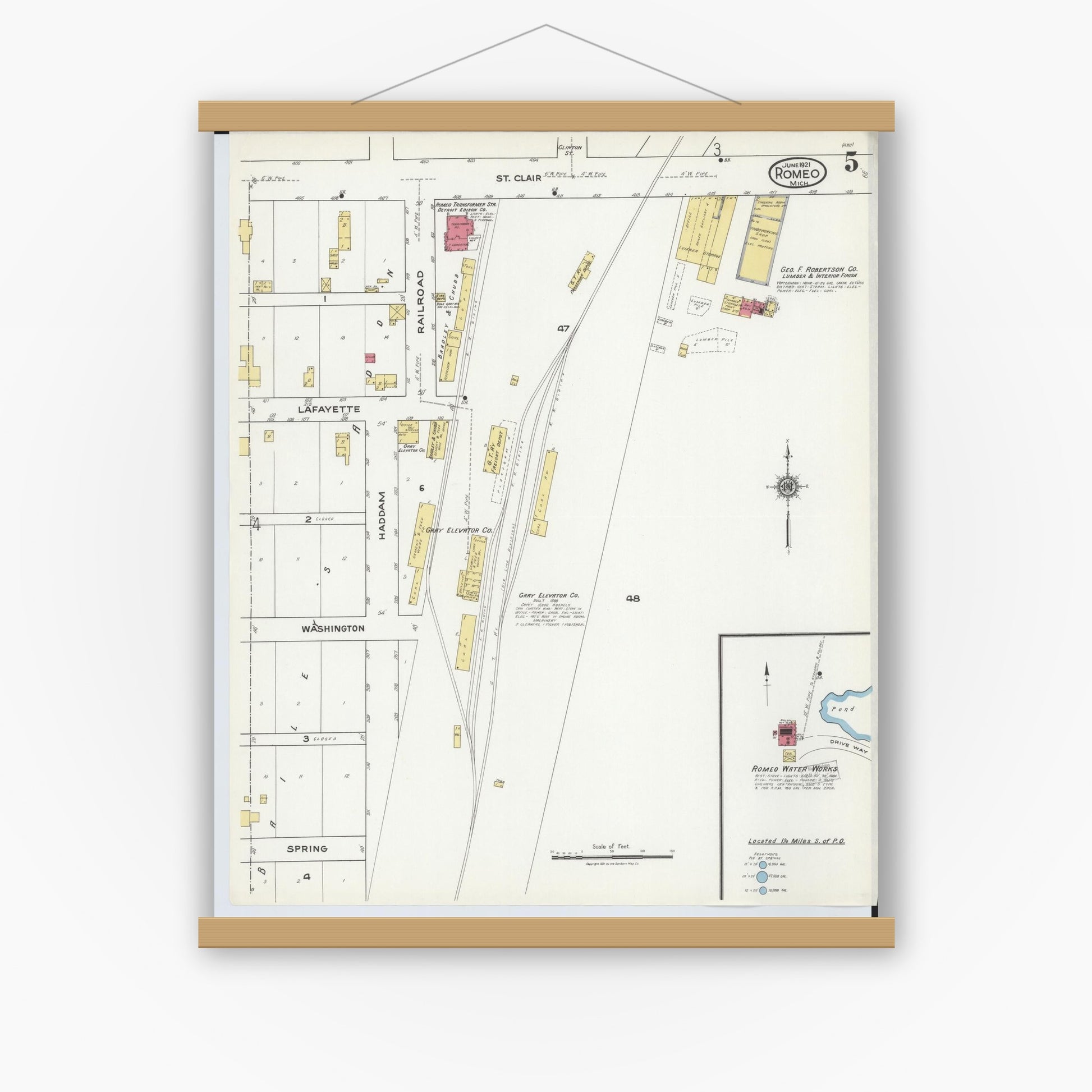 Old map wall art mockup — magnetic wood frame on white wall — Sanborn Fire Insurance Map from Romeo, Macomb County, Michigan (1921), Sheet #0005
