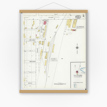 Old map wall art mockup — magnetic wood frame on white wall — Sanborn Fire Insurance Map from Romeo, Macomb County, Michigan (1921), Sheet #0005