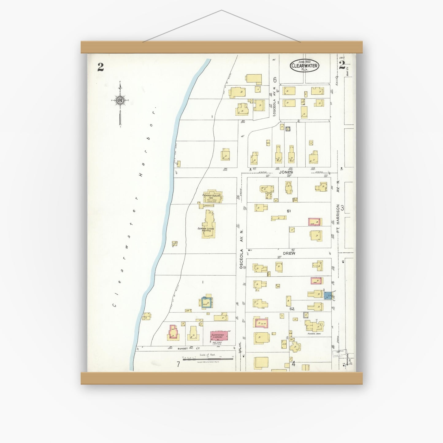 Old map wall art mockup — magnetic wood frame on white wall — Sanborn Fire Insurance Map from Clearwater, Pinellas County, Florida (1923), Sheet #0002