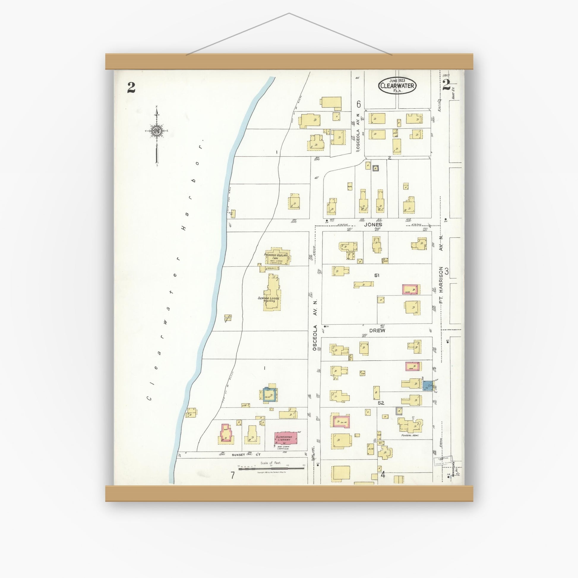 Old map wall art mockup — magnetic wood frame on white wall — Sanborn Fire Insurance Map from Clearwater, Pinellas County, Florida (1923), Sheet #0002