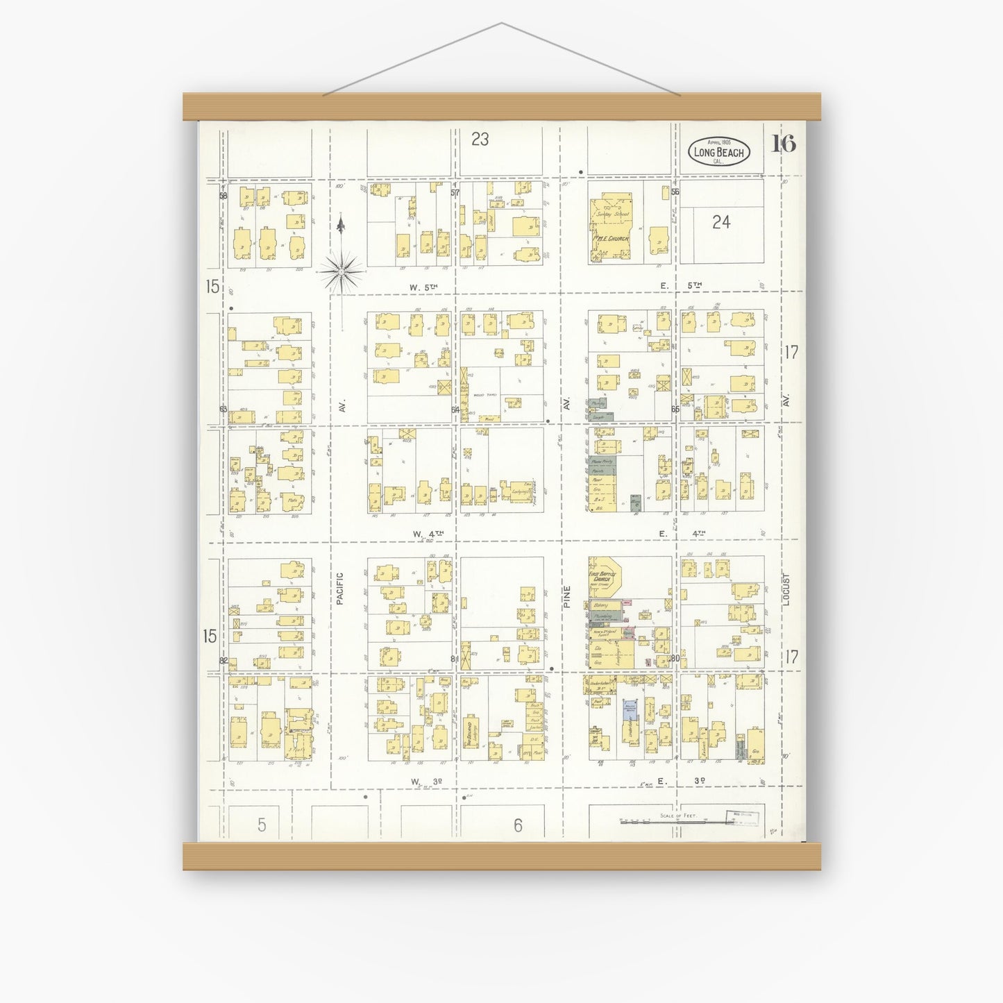 Old map wall art mockup — magnetic wood frame on white wall — Sanborn Fire Insurance Map from Long Beach, Los Angeles County, California (1905), Sheet #0016