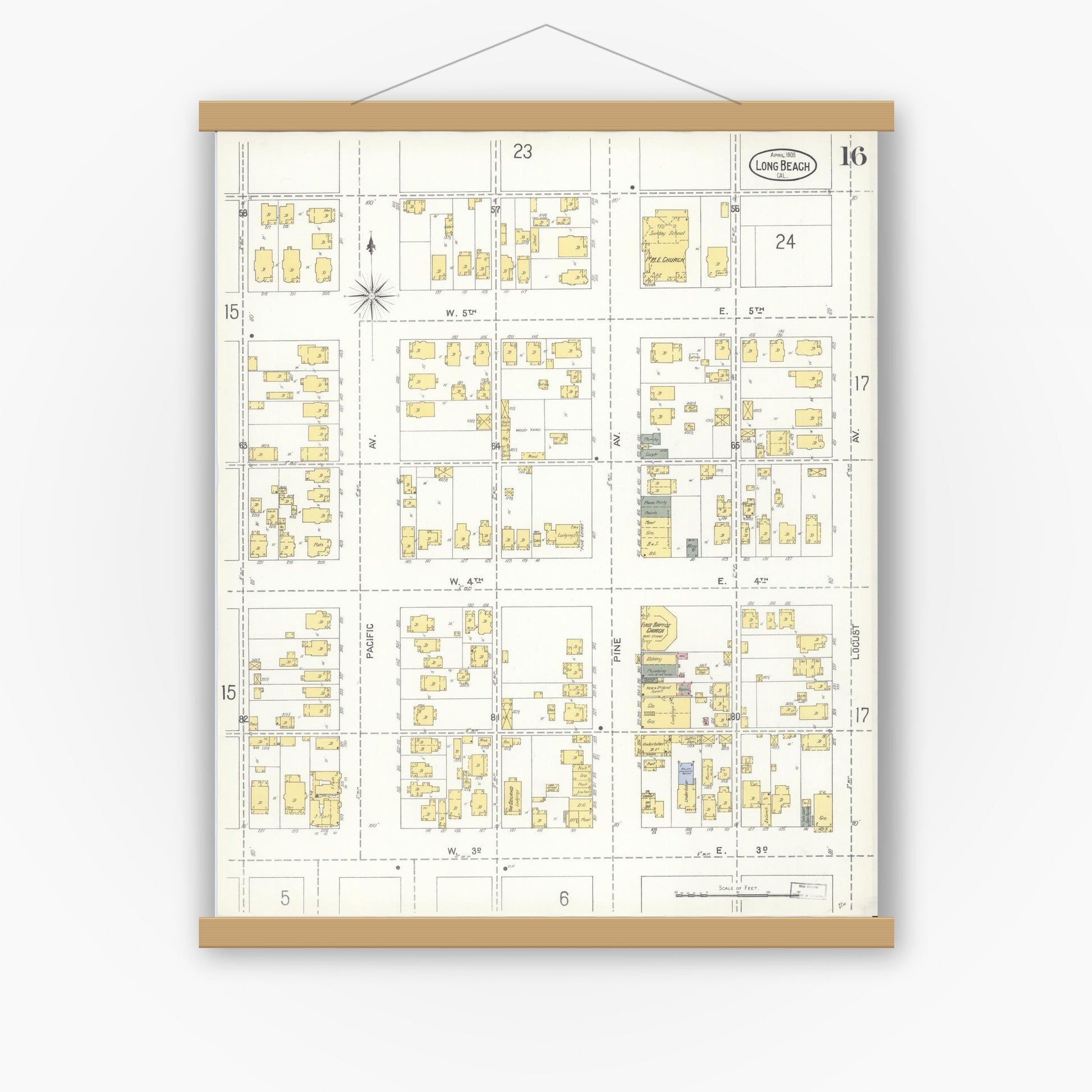 Old map wall art mockup — magnetic wood frame on white wall — Sanborn Fire Insurance Map from Long Beach, Los Angeles County, California (1905), Sheet #0016