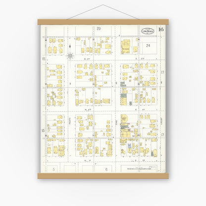 Old map wall art mockup — magnetic wood frame on white wall — Sanborn Fire Insurance Map from Long Beach, Los Angeles County, California (1905), Sheet #0016