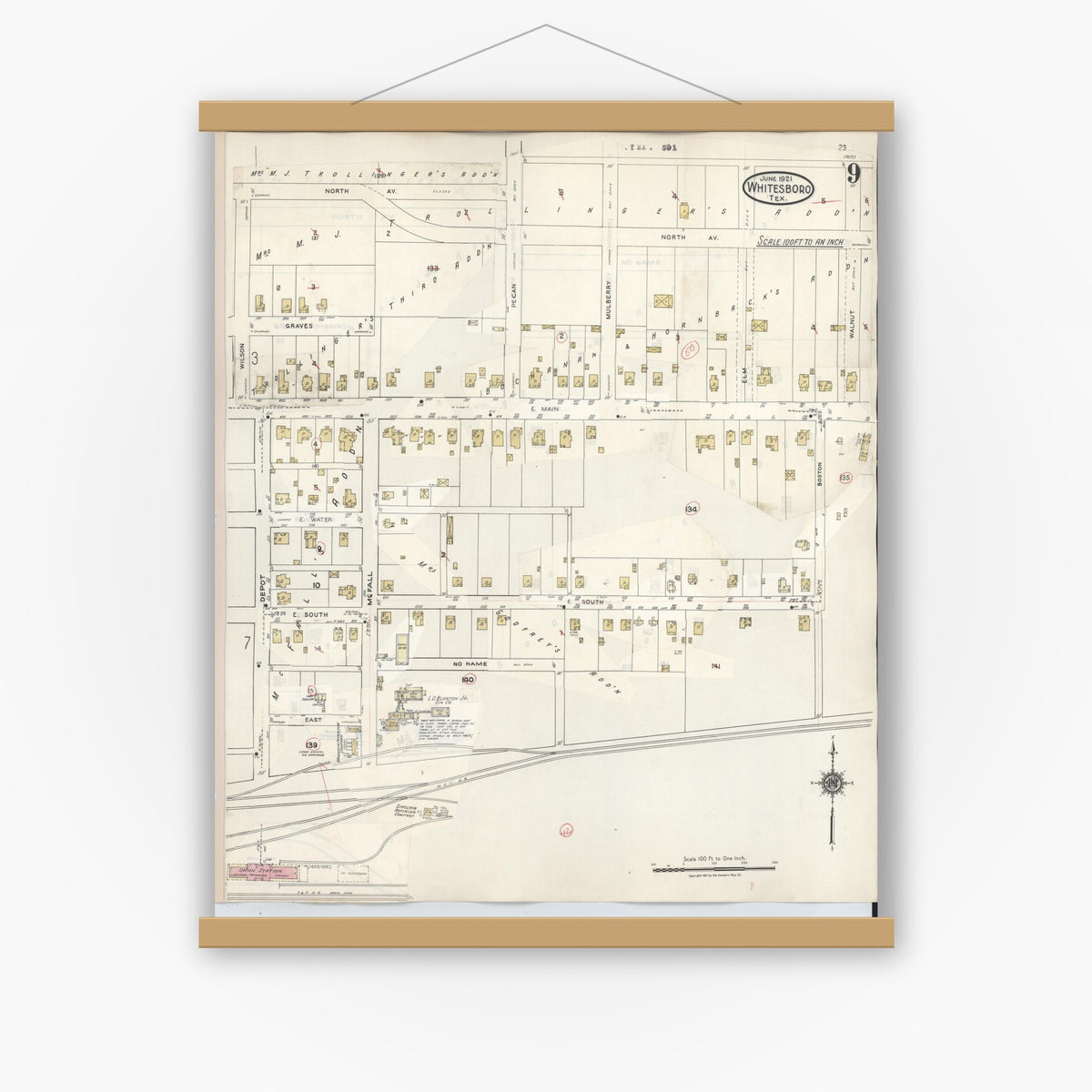 Old map wall art mockup — magnetic wood frame on white wall — Sanborn Fire Insurance Map from Whitesboro, Grayson County, Texas (1943), Sheet #0009