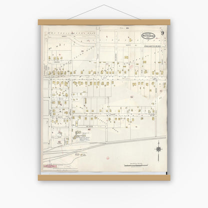 Old map wall art mockup — magnetic wood frame on white wall — Sanborn Fire Insurance Map from Whitesboro, Grayson County, Texas (1943), Sheet #0009