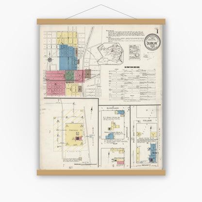 Old map wall art mockup — magnetic wood frame on white wall — Sanborn Fire Insurance Map from Dublin, Erath County, Texas (1921), Sheet #0001