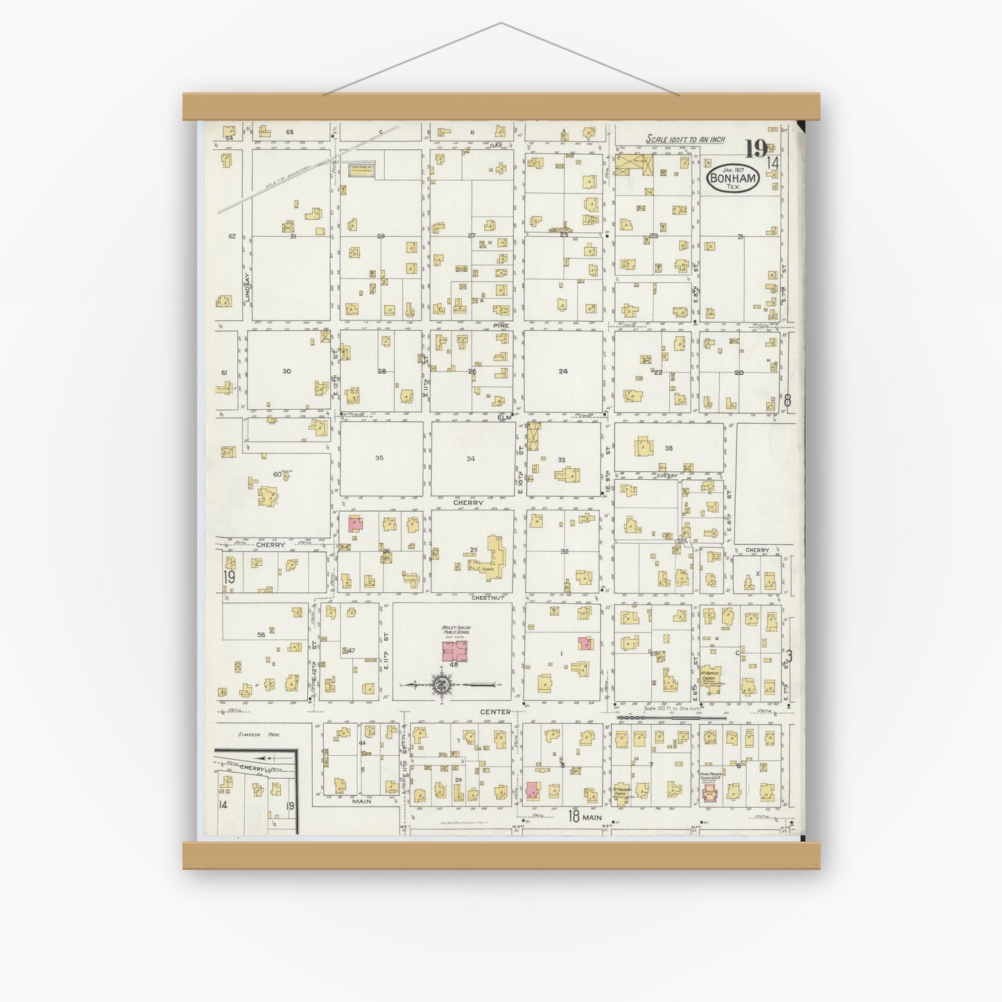Old map wall art mockup — magnetic wood frame on white wall — Sanborn Fire Insurance Map from Bonham, Fannin County, Texas (1917), Sheet #0019