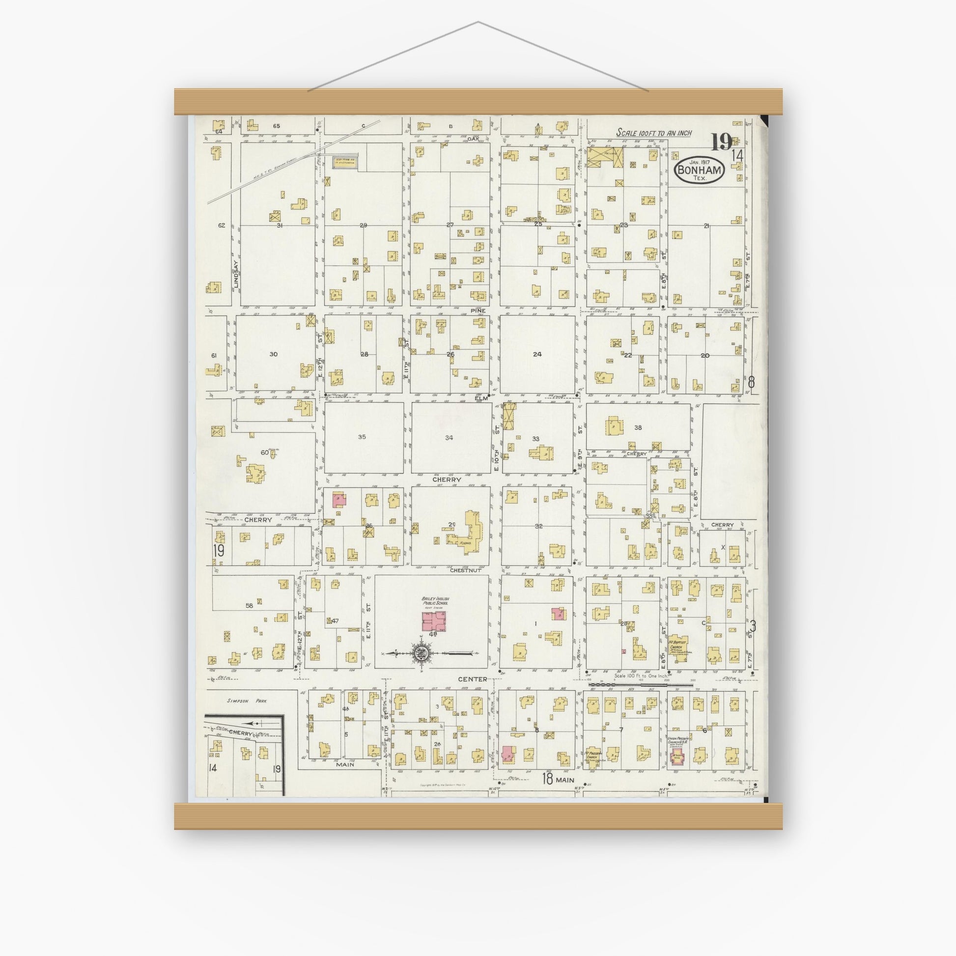 Old map wall art mockup — magnetic wood frame on white wall — Sanborn Fire Insurance Map from Bonham, Fannin County, Texas (1917), Sheet #0019