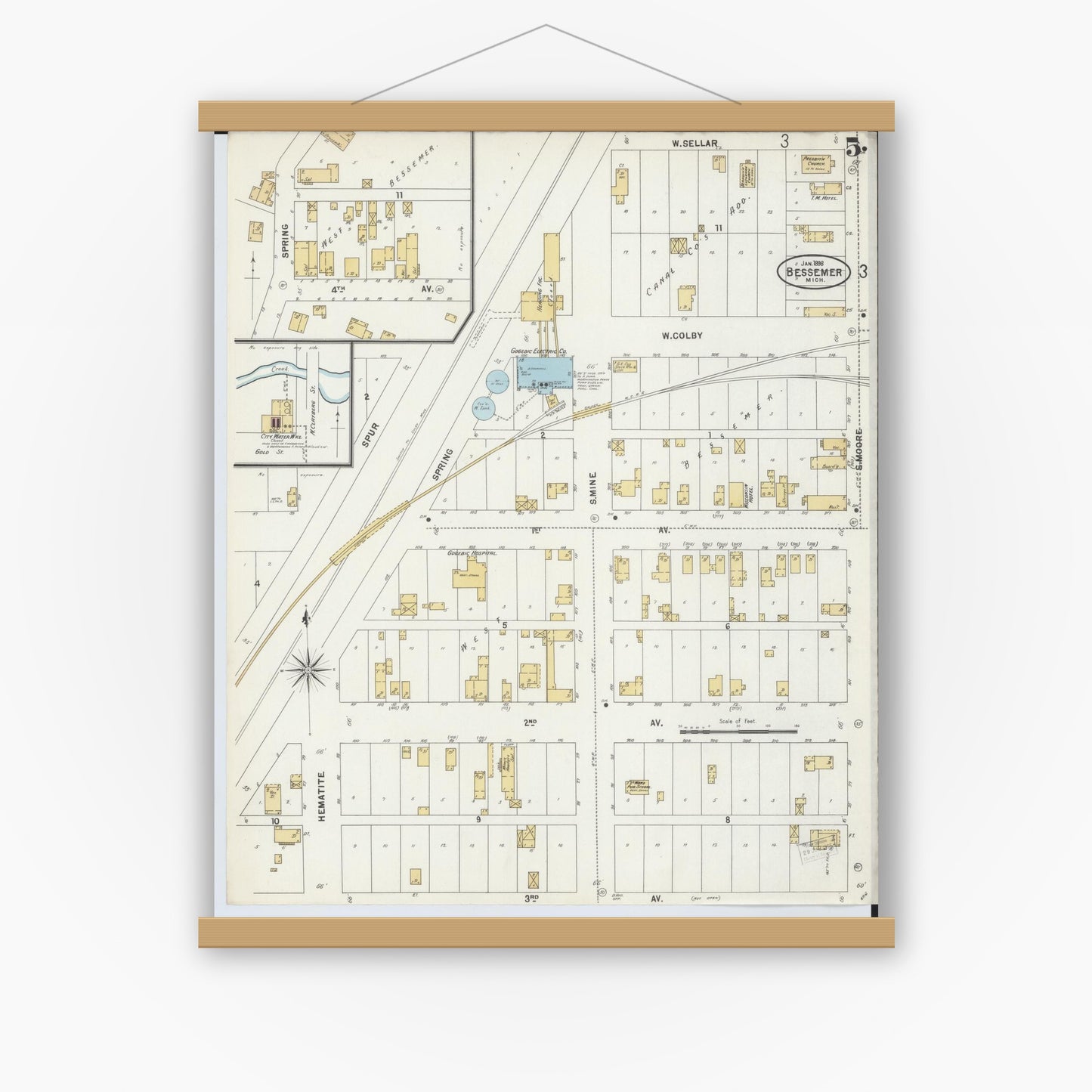 Old map wall art mockup — magnetic wood frame on white wall — Sanborn Fire Insurance Map from Bessemer, Gogebic County, Michigan (1898), Sheet #0005