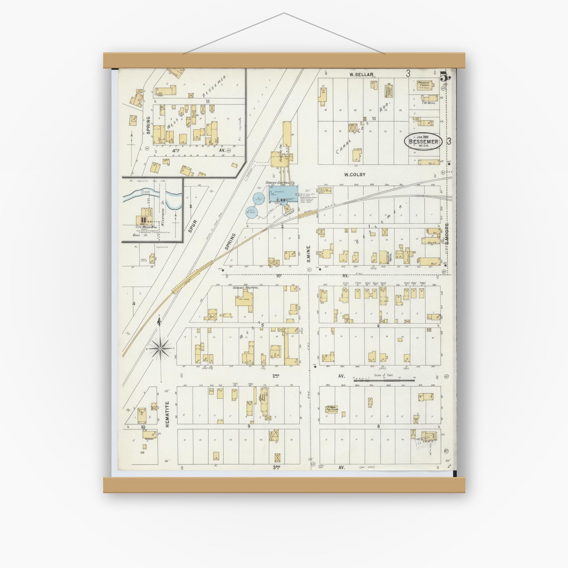 Old map wall art mockup — magnetic wood frame on white wall — Sanborn Fire Insurance Map from Bessemer, Gogebic County, Michigan (1898), Sheet #0005