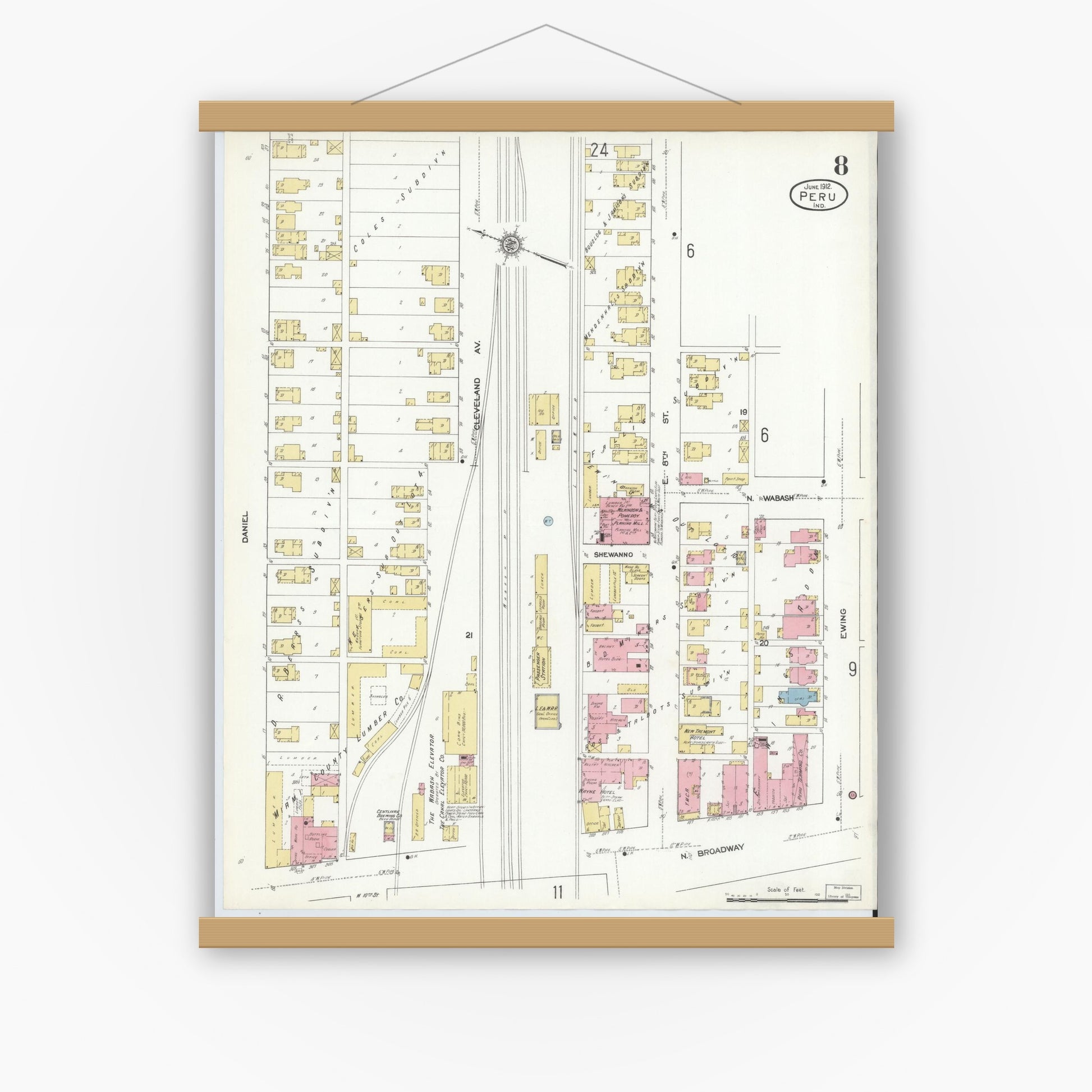 Old map wall art mockup — magnetic wood frame on white wall — Sanborn Fire Insurance Map from Peru, Miami County, Indiana (1912), Sheet #0008