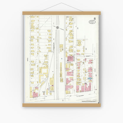 Old map wall art mockup — magnetic wood frame on white wall — Sanborn Fire Insurance Map from Peru, Miami County, Indiana (1912), Sheet #0008
