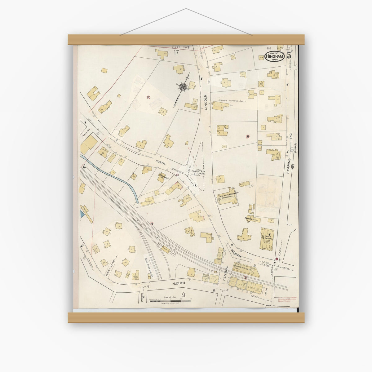 Old map wall art mockup — magnetic wood frame on white wall — Sanborn Fire Insurance Map from Hingham, Plymouth County, Massachusetts (1948), Sheet #0005