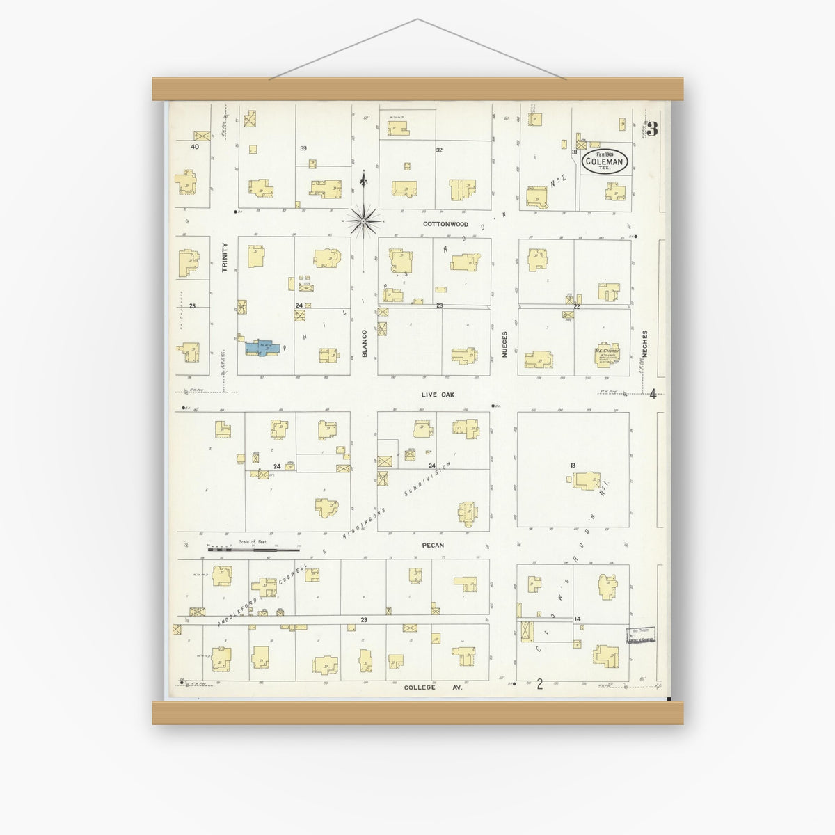 Old map wall art mockup — magnetic wood frame on white wall — Sanborn Fire Insurance Map from Coleman, Coleman County, Texas (1909), Sheet #0003
