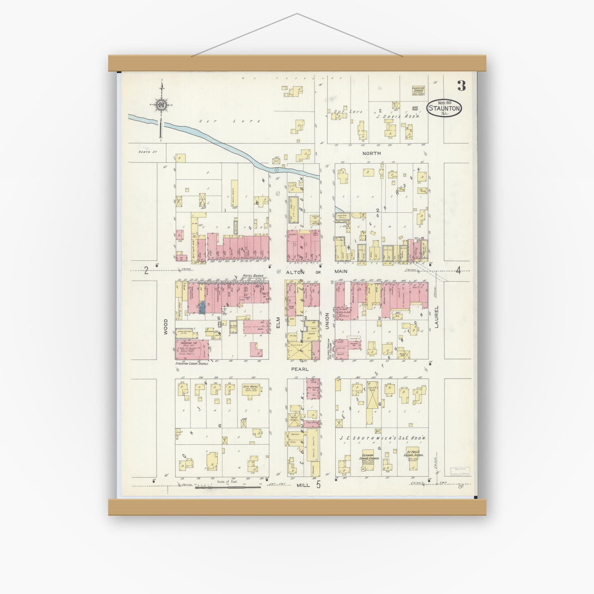 Old map wall art mockup — magnetic wood frame on white wall — Sanborn Fire Insurance Map from Staunton, Macoupin County, Illinois (1913), Sheet #0003