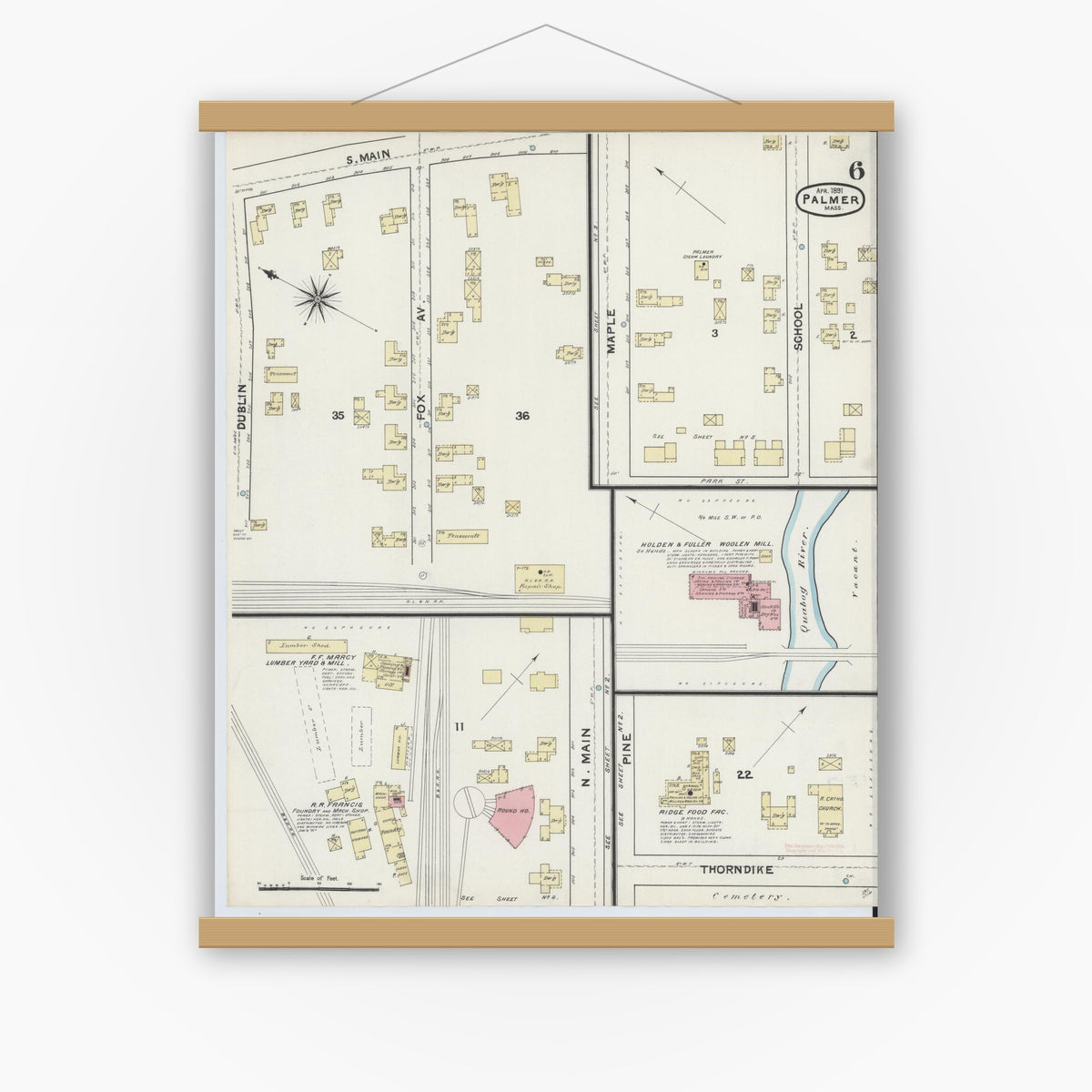 Old map wall art mockup — magnetic wood frame on white wall — Sanborn Fire Insurance Map from Palmer, Hampden County, Massachusetts (1891), Sheet #0006