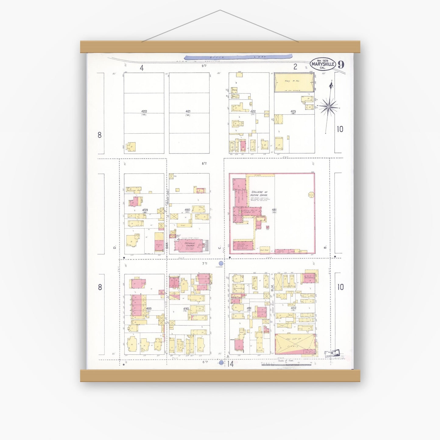 Old map wall art mockup — magnetic wood frame on white wall — Sanborn Fire Insurance Map from Marysville, Yuba County, California (1909), Sheet #0009