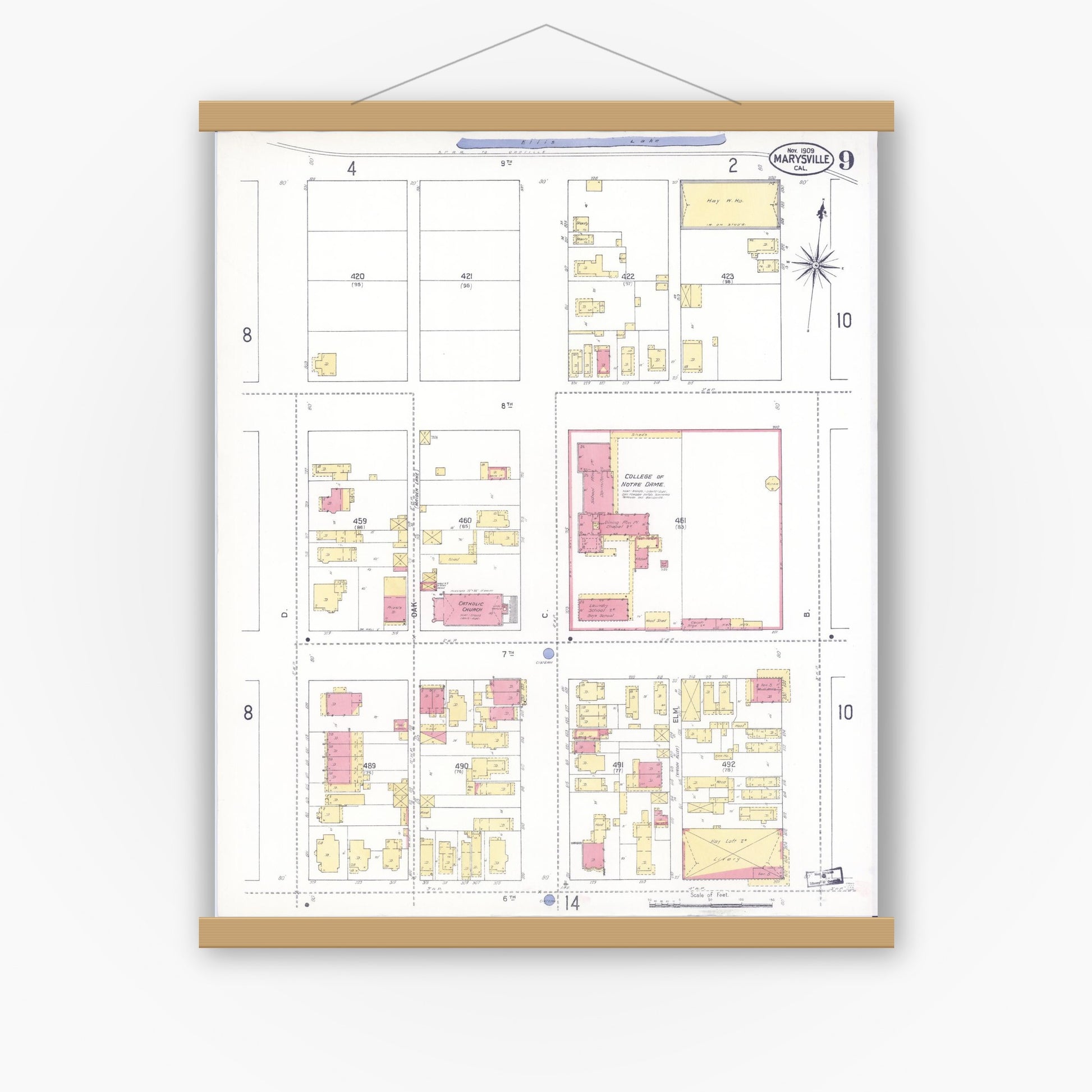 Old map wall art mockup — magnetic wood frame on white wall — Sanborn Fire Insurance Map from Marysville, Yuba County, California (1909), Sheet #0009
