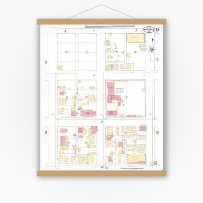 Old map wall art mockup — magnetic wood frame on white wall — Sanborn Fire Insurance Map from Marysville, Yuba County, California (1909), Sheet #0009
