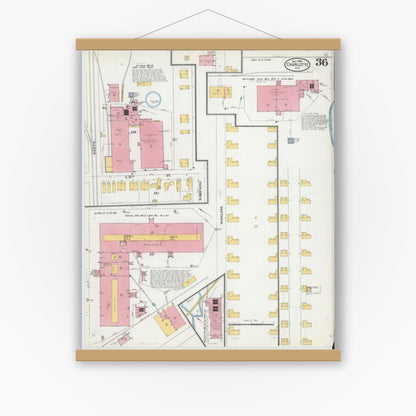 Old map wall art mockup — magnetic wood frame on white wall — Sanborn Fire Insurance Map from Charlotte, Mecklenburg County, North Carolina (1905), Sheet #0036