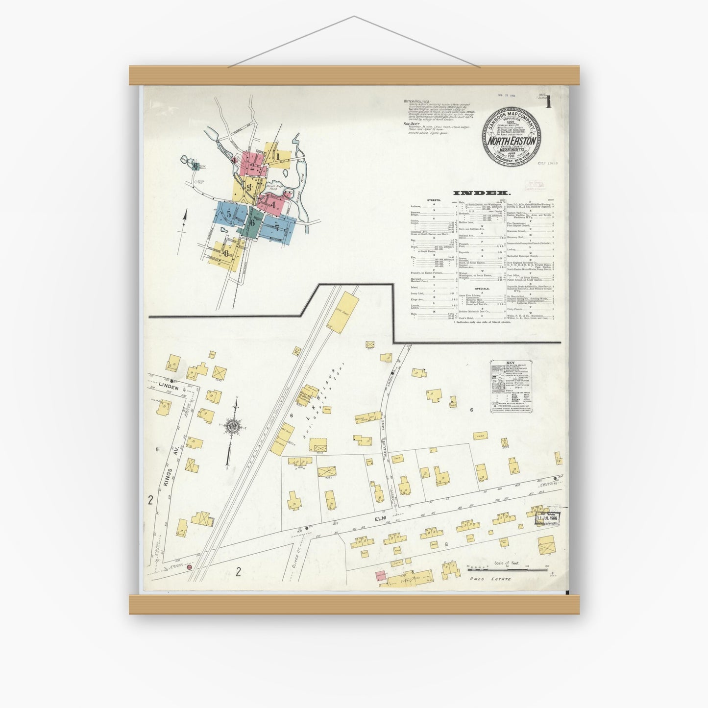 Old map wall art mockup — magnetic wood frame on white wall — Sanborn Fire Insurance Map from North Easton, Bristol County, Massachusetts (1911) - Complete Map Set
