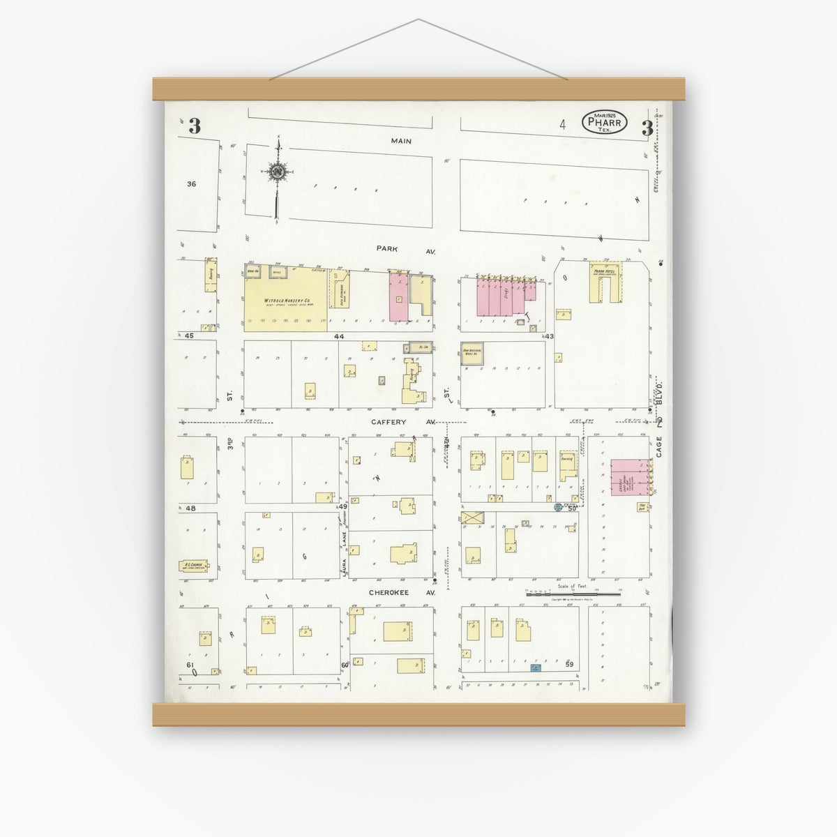 Old map wall art mockup — magnetic wood frame on white wall — Sanborn Fire Insurance Map from Pharr, Hidalgo County, Texas (1925), Sheet #0003
